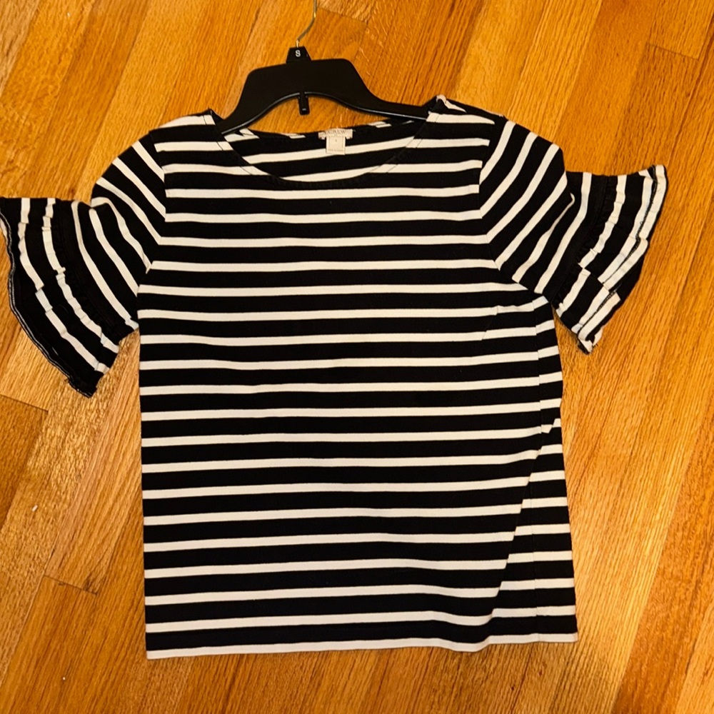 J-Crew black and white striped top with peplum sleeves